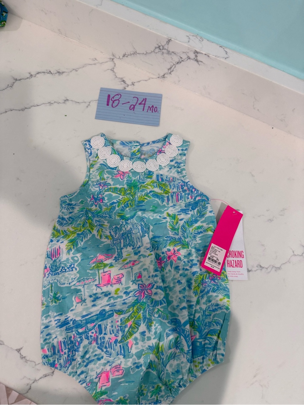 Lilly Pulitzer Blue Green Pink Tropical Print Baby One-Piece Bodysuit - Picture 2 of 2